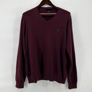 Polo Ralph Lauren 100% Pima Sweater Mens 2XL Burgundy V Neck Green Pony Preppy